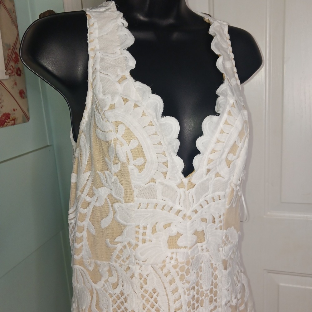 LUXXEL Wedding Bridal Dress Ivory White/Lace Nude lined Boho Maxi Long Gown NWT - Picture 3 of 13
